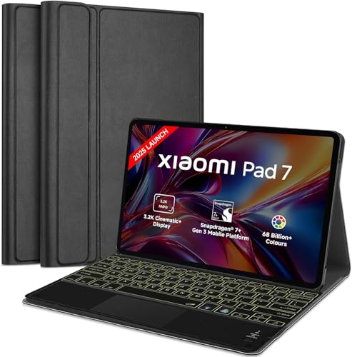 Image of HOM Tri Fold 7-Colour Backlight Detachable Wireless Bluetooth Keyboard with Trackpad /Touchpad & Tablet Cover Case for Xiaomi Mi Pad 7 11.2 inch - Black