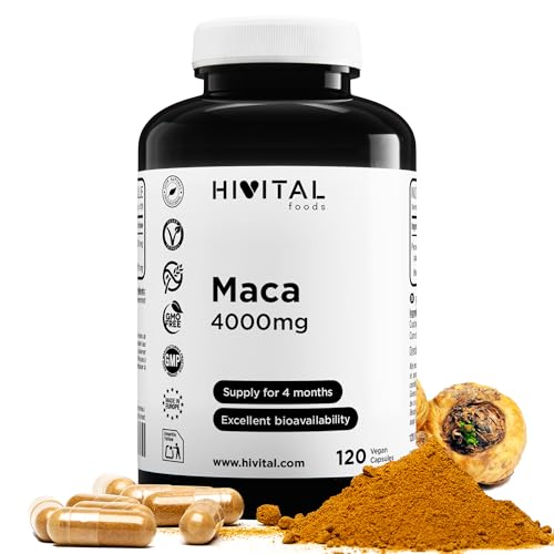 Maca Peruana Extracto Concentrado 4000 mg. 120 cápsulas vegetales para 4 meses de tratamiento. Extracto concentrado 10:1 con 400 mg de raíz de Maca. Fabricado en España por HIVITAL
