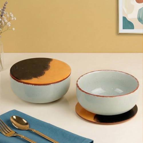 Image of The Earth Store Mint Marble Ceramic Bowl with Lid Set of 2, 580ML | Multipurpose Coaster /Lid | Dishwasher & Microwave Safe Bowl | Ideal for Rice, Dal, Fruits, Salad, Snack, Mixing Bowl