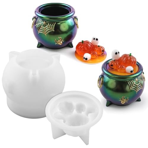 Actvty Witch Cauldron Resin Molds Halloween Resin Molds for Epoxy Casting Cauldron Jar Silicone Mold with Pumpkin Lid DIY Jewelry Storage Box Candy Container Candle Jars