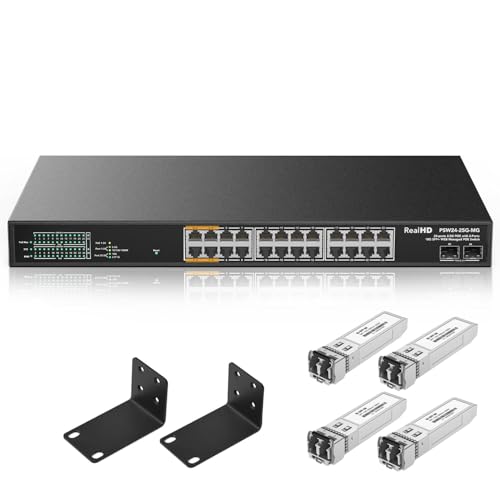 Image of 24 Port 2.5Gb PoE++ Managed Ethernet Network Switch Total@500W, PoE++ Port 1-4 Up to 90W Each | IEEE 802.3bt / at / af | 19In Rack Mount | 2 x 10G SFP+ Port with 4 Pack 10G LC SFP+ Module 980Ft(300m)
