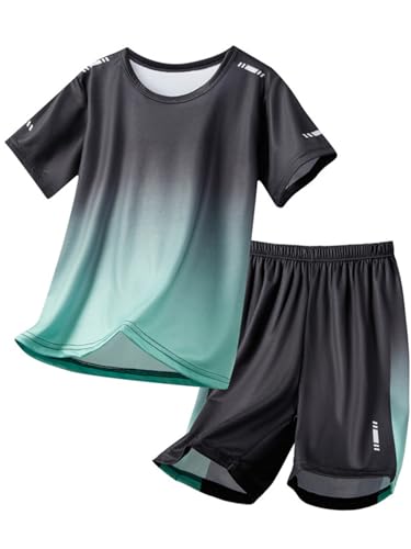 Kids Athletic Outfit Boys Moisture-Wicking T-Shirt and Shorts Set for Sports Workout Training Green 13-14 Years2