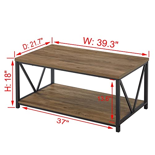 Foluban Rustic Coffee Table With Storage Shelf, Vintage Wood And Metal Cocktail Table For Living Room, Oak #TOP1