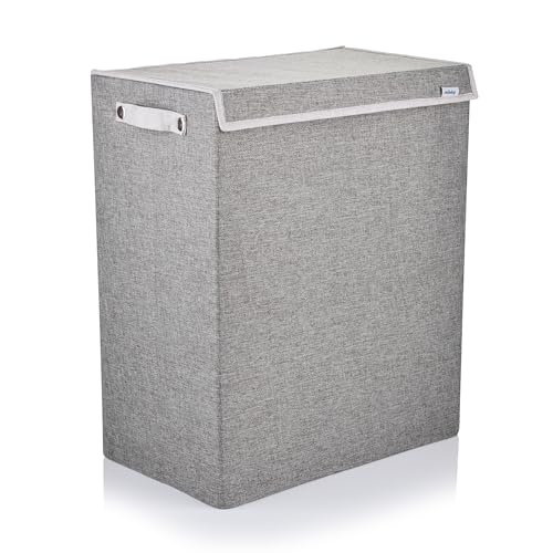 Minky 92L Fabric Laundry Basket With Lid, Washing Baskets for Laundry, Grey Hamper Basket With Velcro Lid, Sturdy Handles, Collapsible Design, Multi Storage Basket (92L)