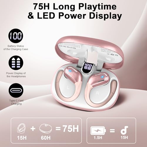 Image of Wireless Earbuds, 75hrs Bluetooth 5.4 Headphone Sport, 2026 Bluetooth Earbuds Deep Bass Over Ear Buds with Earhooks, ENC Noise Cancelling Earphone Mic, IP7 Waterproof for Workout /Running /Gym Rose