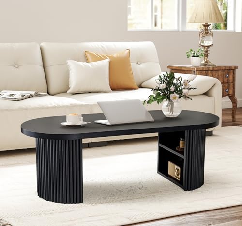 Image of Oval Fluted Coffee Table, 47 inch Farmhouse Wood Coffee Table Mid Century Modern Center Table Boho Living Room Tables for Living Room Office,Black