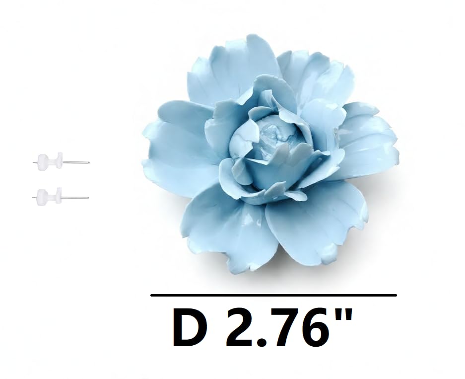 Image of Ceramic Flower Wall Art Decor, Artificial Flower Wall Sculpture,Handmade Ceramic Flowers for Home,Hallway,Living Room, Kitchen,Bathroom (Peony,Light Blue, 2.76 inch)