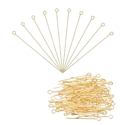 MECCANIXITY 100Pcs Gold Iron Eye Pins 60mm 21 Gauge/0.7mm Eye Pins for Jewelry Making Findings DIY Craft Necklaces Bracelets Earrings Head Pins