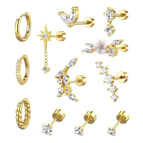 Jomdjmskes 12 Pcs Boucles d'Oreilles Femme, Bijoux Acier Inoxydable Chirurgical Femme, Piercing Oreille, Piercing Cartilage Tragus, Piercing Fleur Oreille Mini...