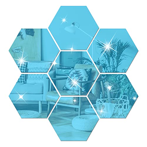 NAILDOKI DIY Wall Decals Acrylic Mirror Sticker Set 12 Pcs, Hexagon Mirror Wall Stickers for Living Room Bedroom Decor (Blue)