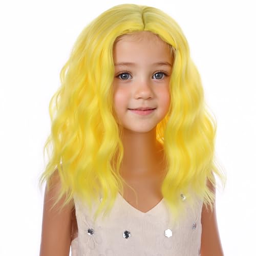 Image of PATTNIUM Kids Yellow Wig Short Curly Wavy Light Yellow Bob Wigs for Girls Cosplay Party Heat Resistant Synthetic Hair Wigs