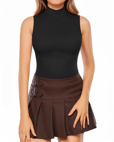 MANGOPOP Women's Mock Turtle Neck Sleeveless Tank Tops Bodysuit Leotard Clothing