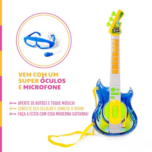 GUITARRA INFANTIL E MICROFONE CONECTA CELULAR MEGA COMPRAS (Azul)