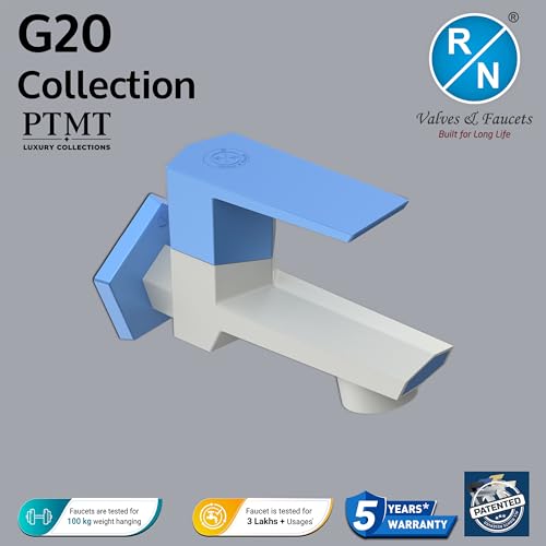 Image of RN PTMT Bib Cock for Bathroom | 15mm Foam Flow Water Tap with Flange | Luxury G20 Series Faucet | High-Grade Engineering Polymer Tap (White Blue Dual, Pack of 1)