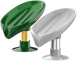 Soap Dish, 2 Pcs Leaf Shaped Soap Dishes for Bathroom, Bar Soap Holder with Drainage, With Stand and Sunction Cup for Shower Kitchen Bathroom and Counter Top (Green & Gray)