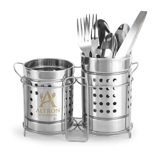Image of ALTRON Stainless Steel Cutlery Holder Self Draining Utensil Organizer Stand for Kitchen | Spoon, Knife, Fork & Chopstick Storage Rack | 2 Compartment Kitchen Countertop Cutlery Stand (Silver)