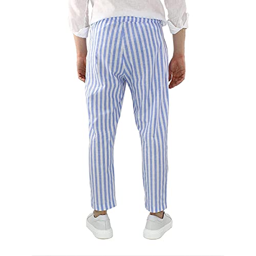 WABEOR Striped Pants for Men Cotton Linen Loose Fit Straight Trousers Breathable Casual Elastic Waist Drawstring Lounge Pants4