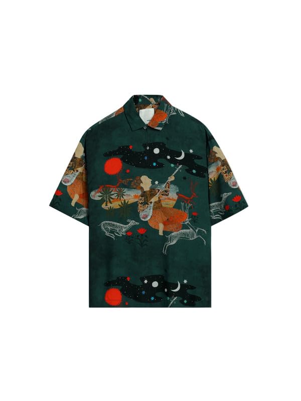 Image of SNITCH x BISMIL Men Casual Shirt | Relaxed Fit Half Sleeve Cuban Collar Artistic Printed Design | 100% Viscose & Breathable Fabric for Vacations & Everyday Wear