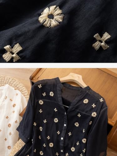 Image of RIEKA Womens Floral Applique Embroidered Fancy Top with Mandarin Collar Button Down Front Half Sleeves Relaxed Fit Casual Tunic Top for Women
