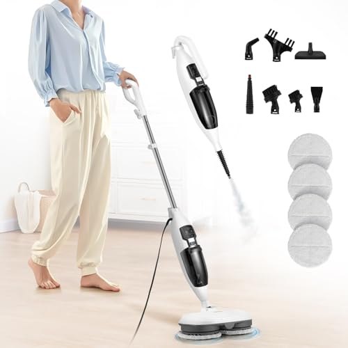 Hapyvergo スチームモップ モップ回転機能 床用スチームクリーナー 560mL大容量タンク 15S速熱 自立式 スチーム量3段階調節 床掃除 高温スチーム掃除機 スティック・ハンディ2WAYタイプ 付け替えブラシ付 収納便利 キッチン/リビングお掃除に 家庭用 業務用 日本語説明書