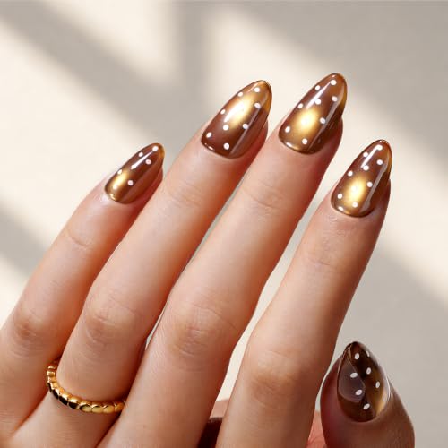 Image of Beetles Brown Cat Eye Press On Nails Short Almond, 32PCS, Polka Dot Design | 16 Sizes, Glue and Adhesive Tabs Included, Fall Maple-Brown Cat Eye Glow, Ready to Press and Go, All-in-One Complete Kit