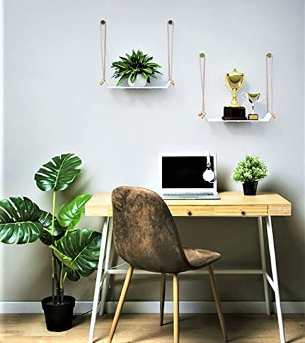 Image of Meshable Weebill Metal Wall Shelves | Wire Mesh Hanging Shelf for Home Decor | Multi Porpose Floating Shelf with Jute Rope | Durable, Modern & Stylish Wall Shelf - Single Tier (White)