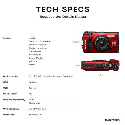 OM System Tough TG-7 Red Underwater Camera, Waterproof, Freeze Proof, High Resolution Bright, 4K Video 44x Macro Shooting (Successor Olympus TG-6)