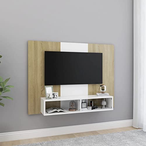 WIFESE Meuble TV Mural Blanc et Chêne Sonoma 120x23,5x90 cm Aggloméré Armoire TV Décoration Intérieure Meuble Tele Dessus Robuste Table Télévision pour Magazines Plantes Cadres Photo Vases Cover