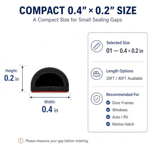 Image of Silicone Weather Stripping Door Seal, 20FT Self Adhesive D-Shaped Weather Strip, 0.4 inch W x 0.2 inch H Rubber Seal Strip for Window, Cabinet, Toolbox, Door Frame and Small Gap Seal, Black