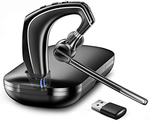 EKVANBEL Bluetooth Headset V5.1, Wireless Headset for Computer with 500mAh Charging Case, Bluetooth Earpiece with Noise Canceling Mic for Driving and Office. (USB-A Bluetooth Adapter Included)