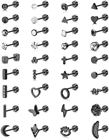 ADRAMATA 36 Pcs Flat Back Stud Earrings for Women Men Stainless Steel Helix Stud Earrings Small Screw Back Flat Back Barbell Stud Earrings Tragus Cartilage Piercing Jewelry