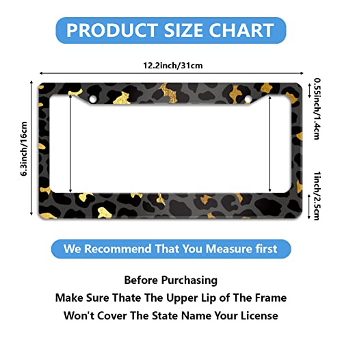 Meikosks Gold Leopard Print License Plate Frame Metal Aluminum Car Cover Tag Holder Frames for Women Cute Animal Dec,2 Holes with Screw Caps US Vehicles Standard 12x6 Inch