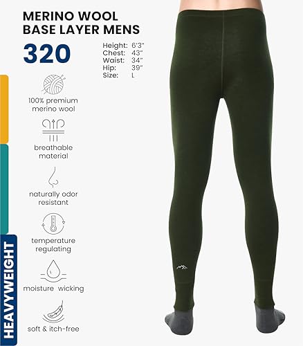 Image of Merino Wool Base Layer Mens Bottom Pants 100% Merino Wool Heavyweight, Midweight, Lite Thermal Underwear Long Johns and Socks