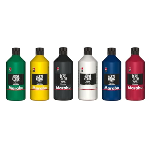 Marabu Acryl Big Pack Colores básicos, 6 x 500 ml, Pintura acrílica cremosa a Base de Agua, de Secado rápido, Resistente a la luz, Impermeable, sobre Lienzo, Papel, Madera, Multicolor