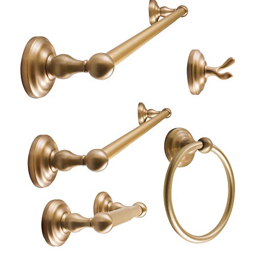 SENTO ROBIKI Gold Bathroom Accessories Set, Bath Hardware, Includes Robe Hook, Toilet Paper Holder, Towel Ring, 18” & 24” Towel Bar, Duty Metal Bath Hardware Set Wall Mounted (5-Piece, Satin Brass)