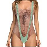 Caxndycing Bikini para mujer, diseño divertido con estampado de vello en el pecho, monokini divertido con músculos, secado rápido, moda de playa, traje de baño Borat, verde, S