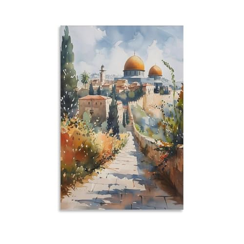 Póster de pared de Jerusalén, pintura de acuarela de Israel, póster de viaje, arte de pared de acuarela, sin marco, 50 x 75 cm