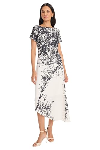 Maggy London Women's Ruched Waist Asymmetrical Midi Boat Neck Short Sleeve-Special Occasion Wedding Guest Dress