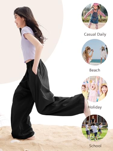 Image of Rolanko Girls Wide Leg Pants Flowy Palazzo Pants for Girls Kids Linen Trousers Loose Fit Casual Beach Travel 6-15Y