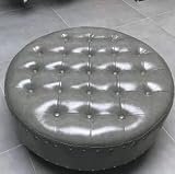 Pouf rotondo in vera pelle, sgabello poggiapiedi imbottito for negozio di abbigliamento, guardaroba, soggiorno e cambio scarpe(90 Light Gray Waxed Leather)