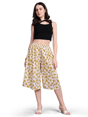 Image of THUMBA Women's Printed Poly Rayon Palazzo Pants | Wide Leg Culottes | Floral & Butterfly Print | Elastic Waist | Casual & Ethnic Wear | S M L XL 2XL 3XL