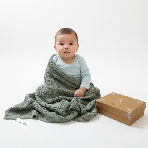 Image of Emily Design 100% Organic Cotton Baby Blanket 80 x 100 cm Dark Green - GOTS Certified, Soft Swaddling Cloth, 80 x 100 cm, Gender Neutral, Newborn Cuddly Blanket