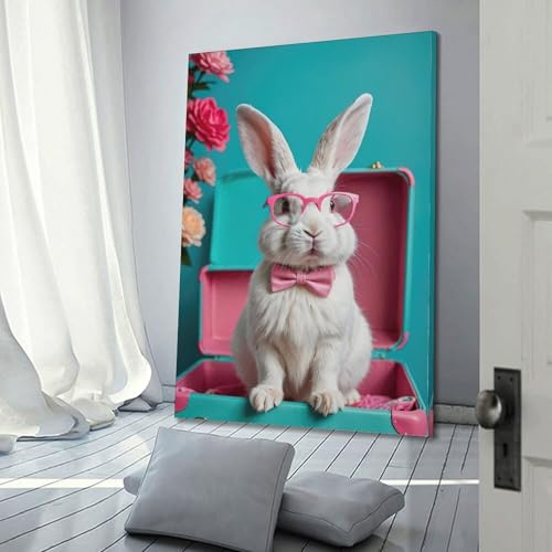 Tableau lapin bleu et rose décoration murale moderne chambre 60x90 - 3
