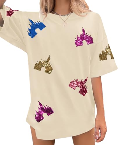 Magic Kingdom Shirts for Women Sequin Top Colorful Castle Graphic Tshirt Holiday Vacation Shirt Funny Cute Tee Tops