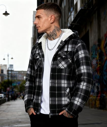 Image of Mens Flannel Hoodie Sherpa Lined Jacket | Plaid,Full Zip Up,Hooded,Fall Winter Outwear,Fleece,Warm,Shacket,Insulated,Travel,Windproof
