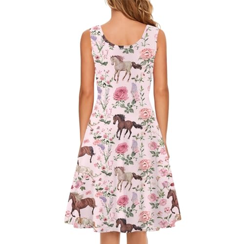 KiuLoam Pink Floral Horse Pattern Women Sleeveless Midi Dresses Casual Crew Neck Wedding Guest Dress Party Elegant Beach Sundresses Size L by KiuLoam - Used condition - Image 5