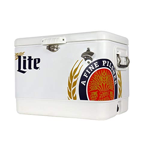 Miller Light Ice Chest Cooler - 85 Can Ice Box, Portable Ice Bucket with Bottle Opener, Vintage Style, Insulated for Camping, Beach, Picnic, RV, BBQs, Tailgating, Fishing, Steel-Belted, 51L (54 qt)