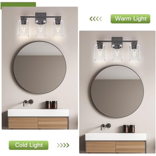 Image of Matte Black Bathroom Vanity Light, 3-Light Vanity Lighting fixtures Over Mirror, Square Design & UL Certification, Wall Sconces with Clear Glass Shades, E26 Socket (Bulbs Not Included)