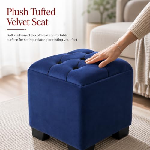 Image of ShadowKart Velvet Cube Ottoman | Seating Stool for Living Room | Soft Cushioned Footrest Stool with Durable Plastic Legs | Multipurpose Seating & Pouffe Home Decor, 12x12x14 inch (Royal Blue)