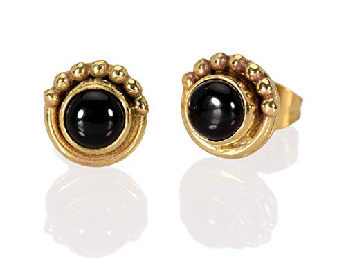 Onyx Stud Earrings, Brass Post Earrings, Pair Of Small Round Button Ear Studs With Black Gemstone, Boho Ethnic Tribal Jewelry Gift For Women, Handmade By Lilyom (Onyx Brass Studs) #TOP5